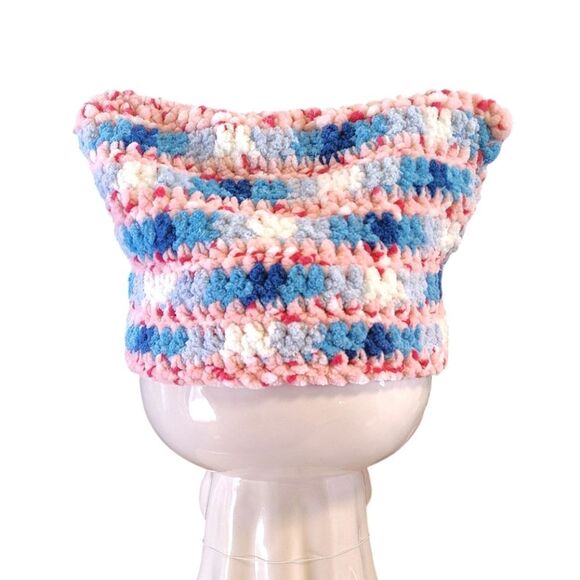 Handmade Pink Blue White Crochet Cat Ear Beanie Hat NEW - Picture 7 of 12